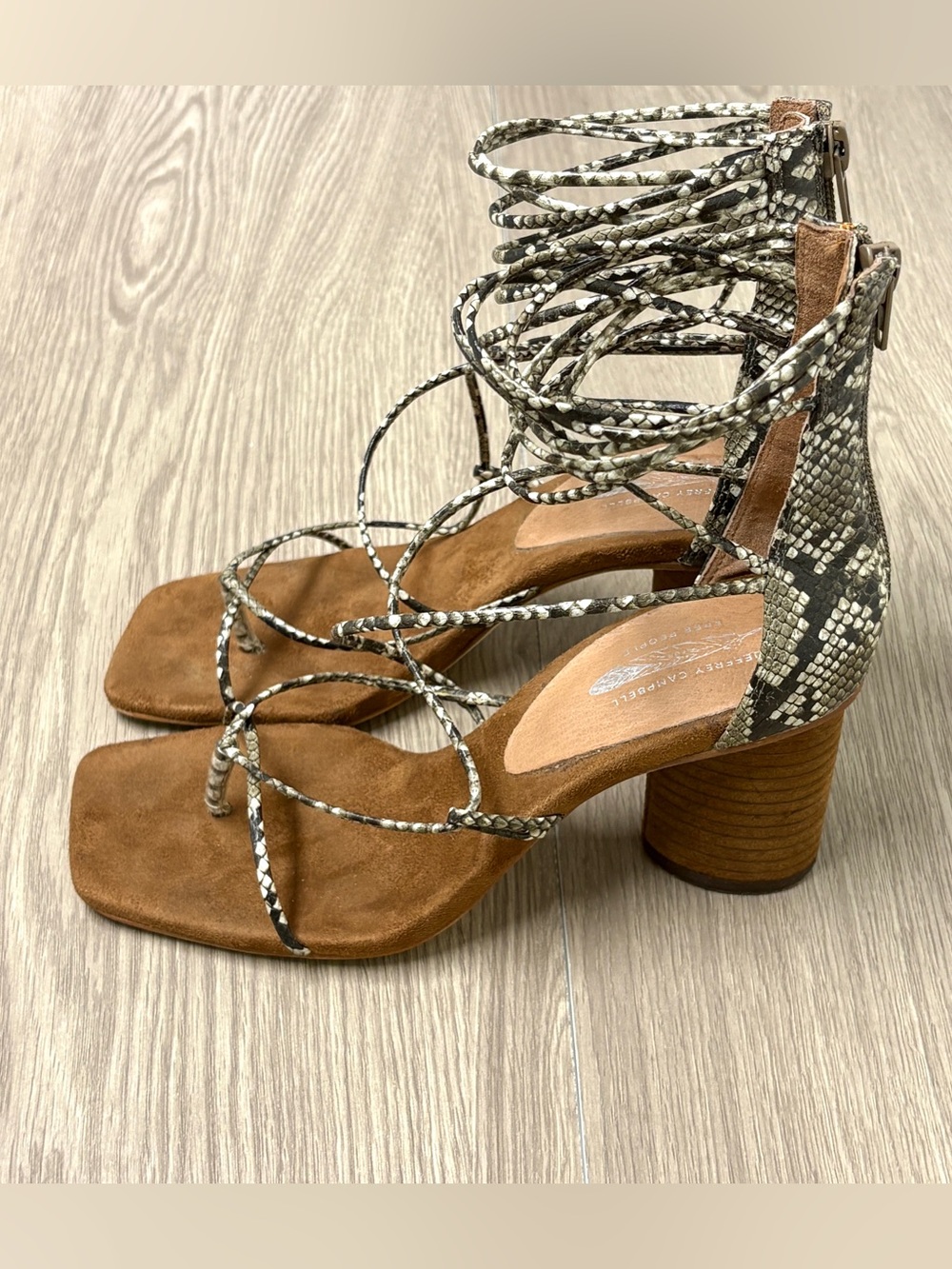 Jeffrey Campbell x Free People Snake Print Leather Square Toe Heel Sandals 7.5 - Picture 2 of 10